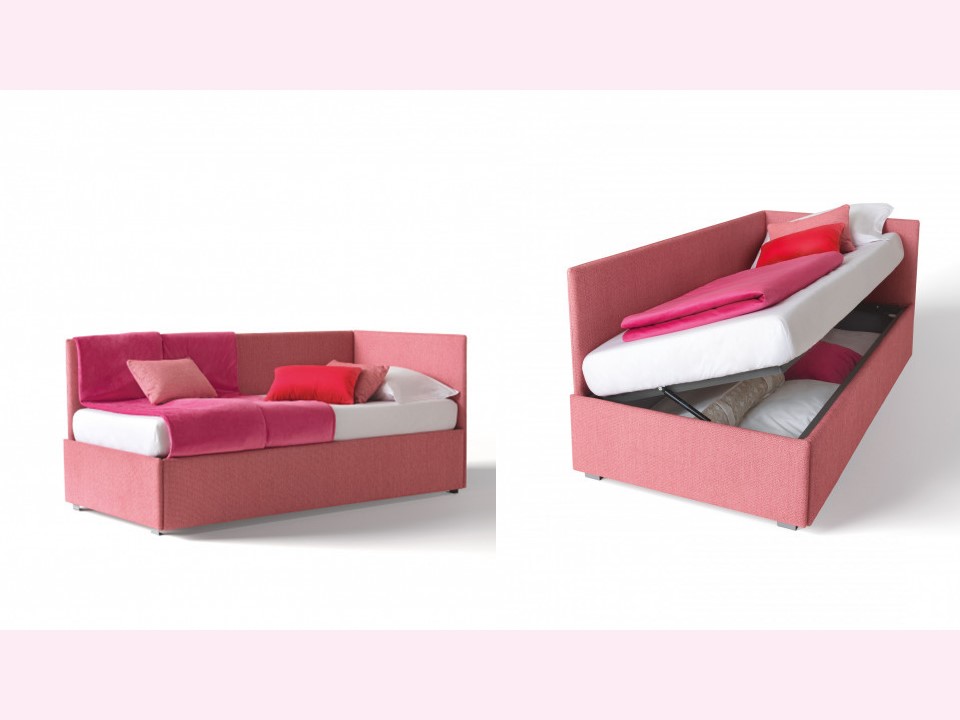 Letto singolo rosa con contenitore salvaspazio